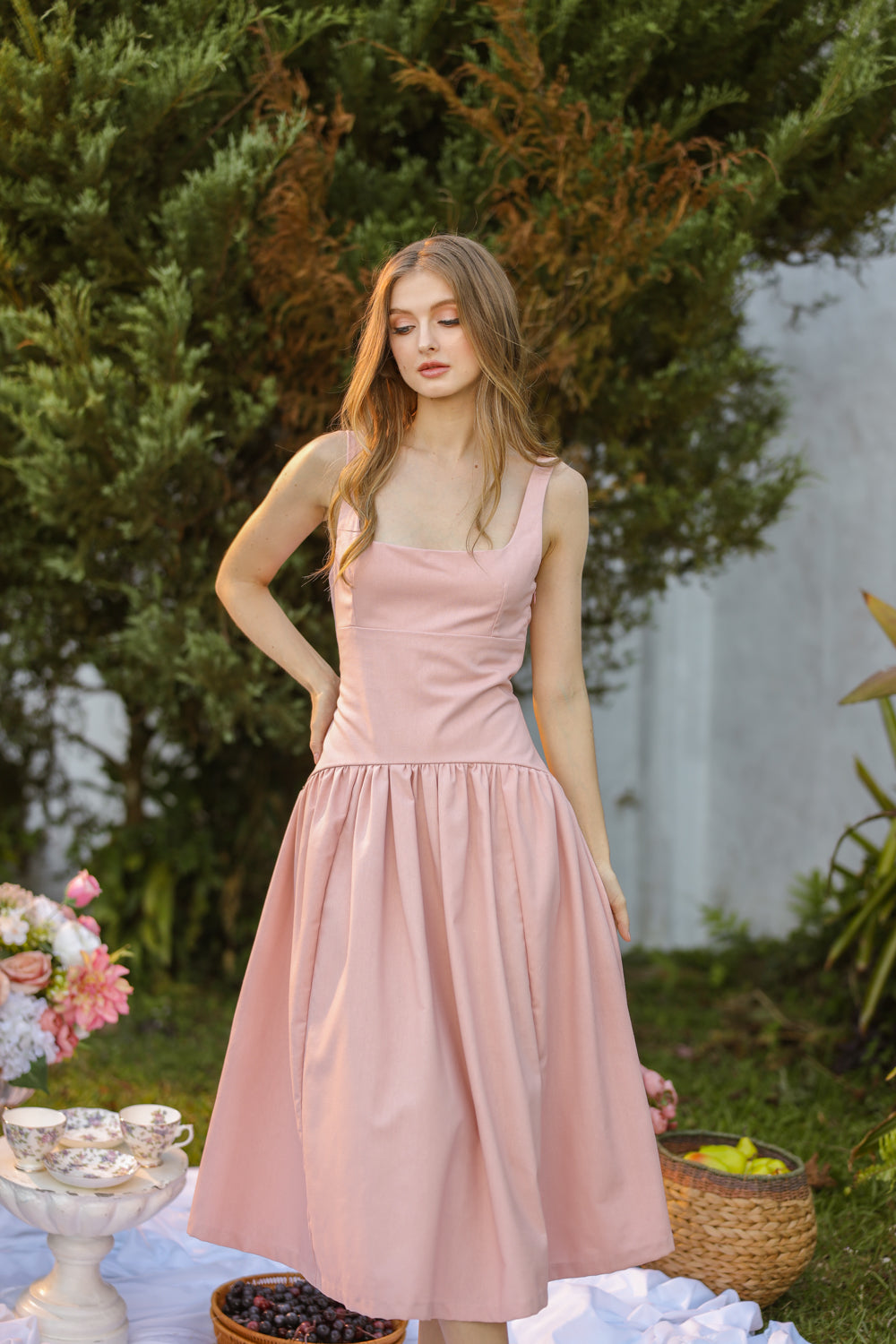 MARINA Sleeveless Scoop Back Midi Dress with Drop Waist Shirred Skirt (Pink Linen Blend)
