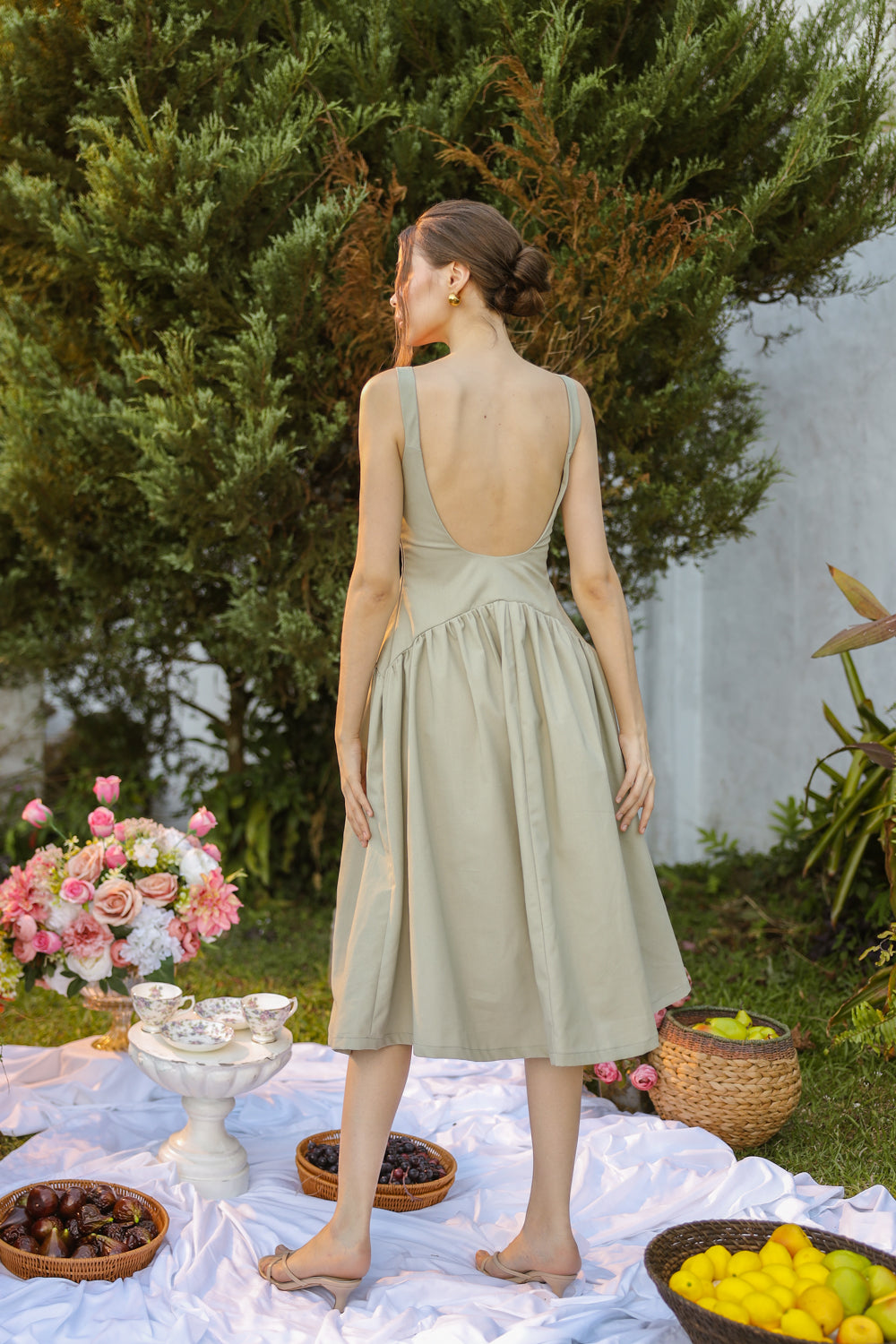 MARINA Sleeveless Scoop Back Midi Dress with Drop Waist Shirred Skirt (Sage Green Linen Blend)