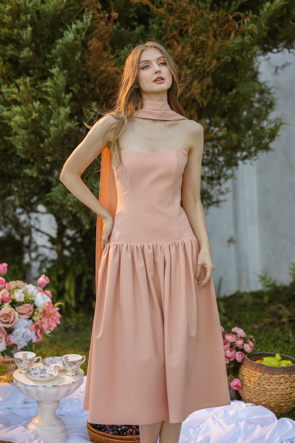 ELODIE Strapless Drop Waist Midi Dress with Sash Neckpiece (Soft Pink Linen Blend)