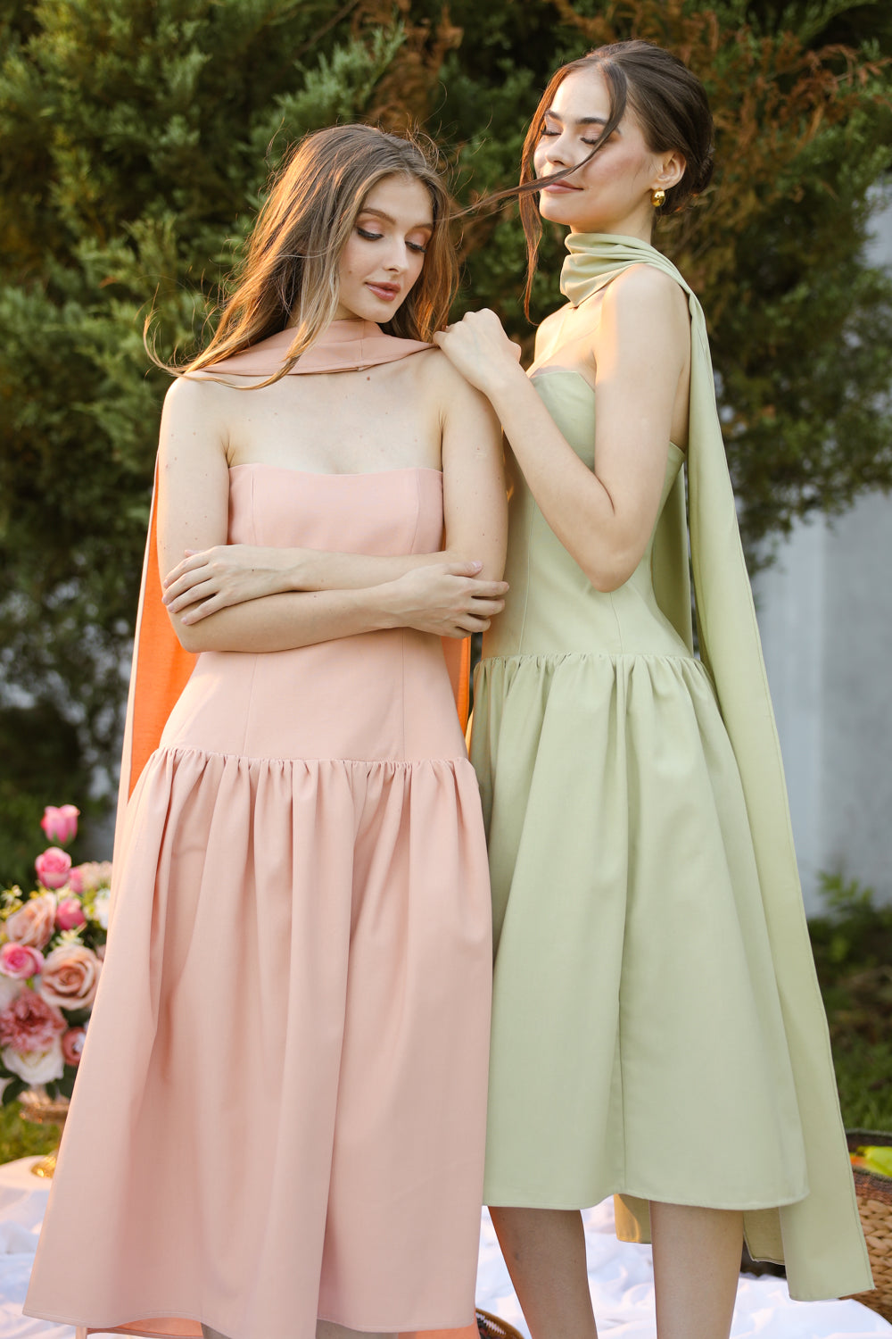ELODIE Strapless Drop Waist Midi Dress with Sash Neckpiece (Soft Pink Linen Blend)