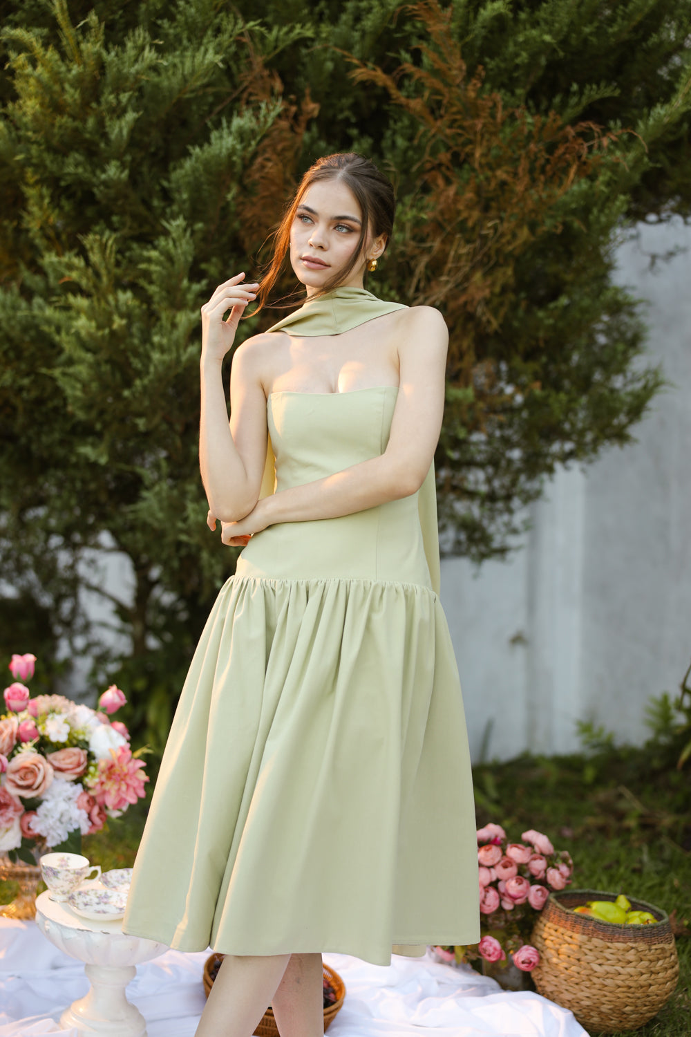 ELODIE Strapless Drop Waist Midi Dress with Sash Neckpiece (Sage Green Linen Blend) SAME DAY DELIVERY - SMALL
