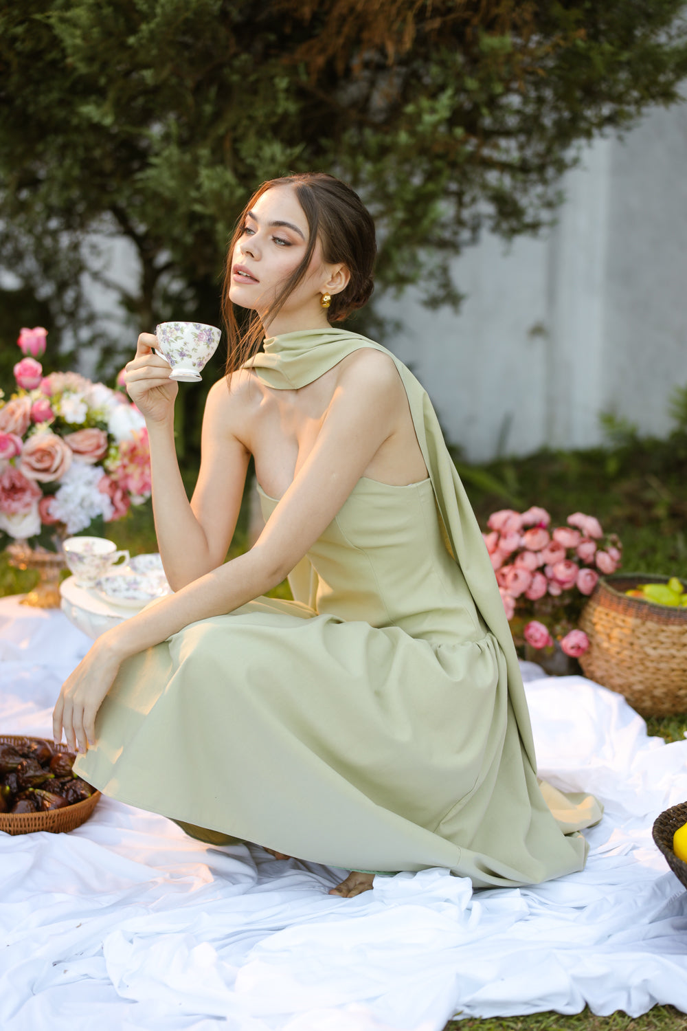 ELODIE Strapless Drop Waist Midi Dress with Sash Neckpiece (Sage Green Linen Blend) SAME DAY DELIVERY - SMALL