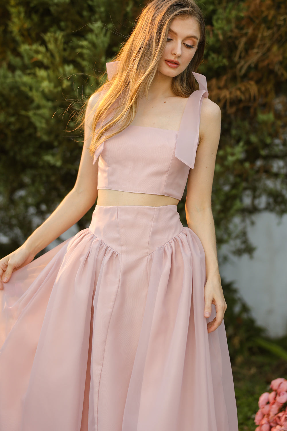 DOMIKA Sleeveless Bow Midi Dress with Drop Waist Shirred Skirt (Old Rose Matte Organdy)