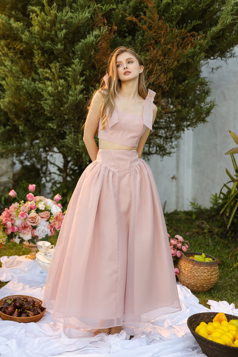 DOMIKA Sleeveless Bow Midi Dress with Drop Waist Shirred Skirt (Old Rose Matte Organdy) DOMIKA Sleeveless Bow Midi Dress with Drop Waist Shirred Skirt (Old Rose Matte Organdy)