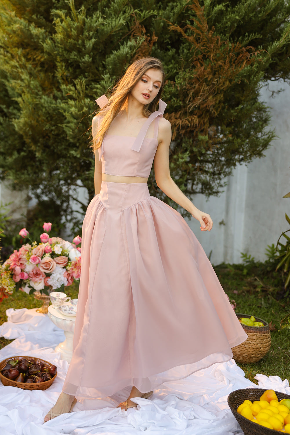 DOMIKA Sleeveless Bow Midi Dress with Drop Waist Shirred Skirt (Old Rose Matte Organdy)