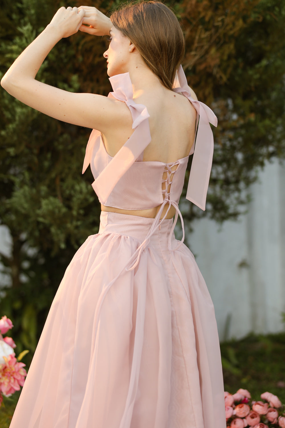 DOMIKA Sleeveless Bow Midi Dress with Drop Waist Shirred Skirt (Old Rose Matte Organdy)