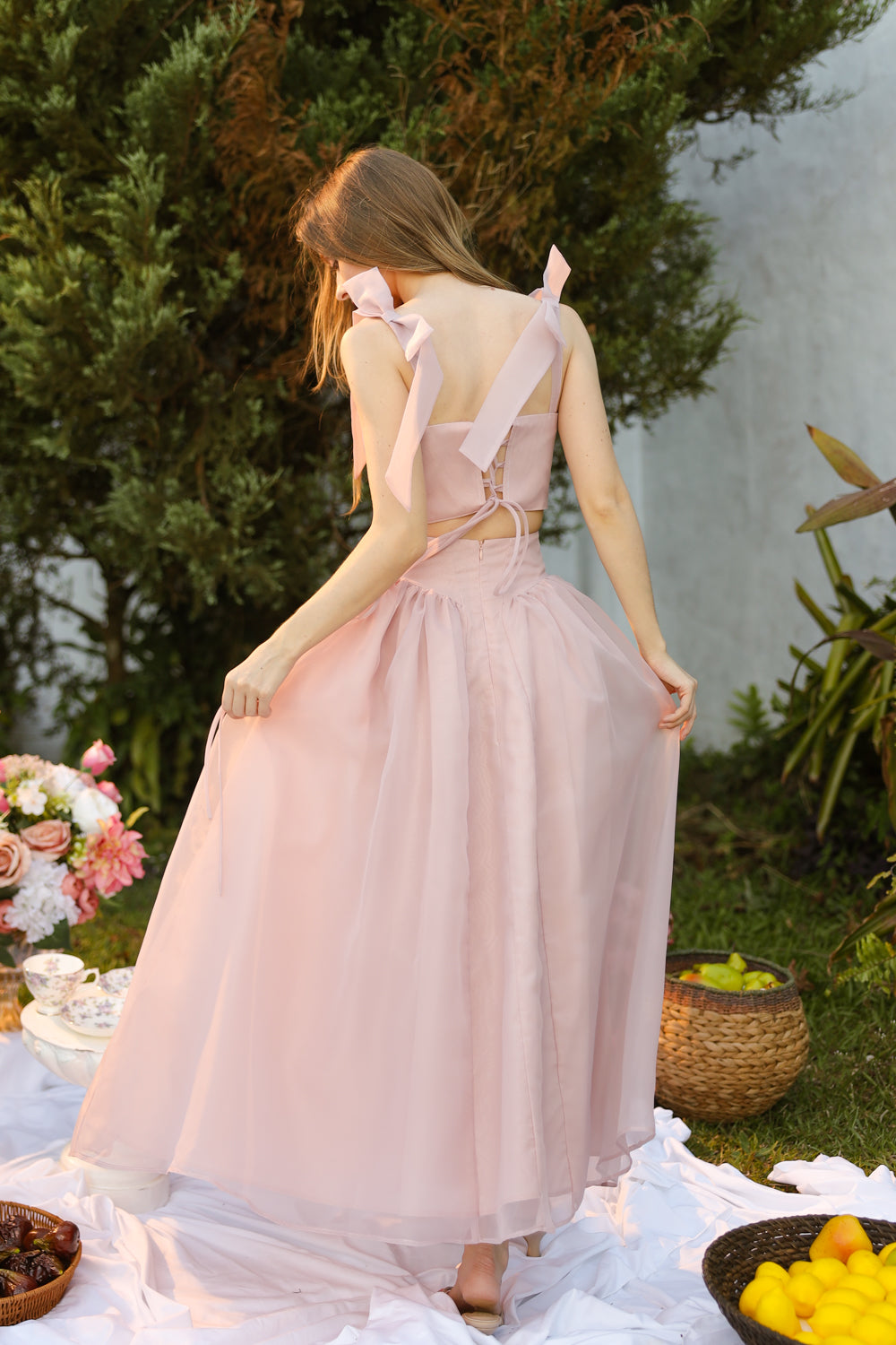 DOMIKA Sleeveless Bow Midi Dress with Drop Waist Shirred Skirt (Old Rose Matte Organdy)