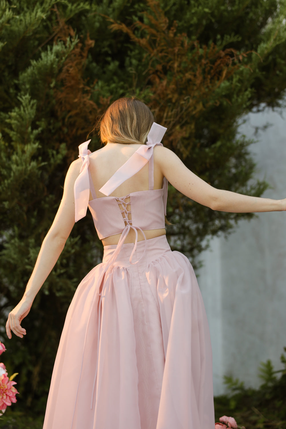 DOMIKA Sleeveless Bow Midi Dress with Drop Waist Shirred Skirt (Old Rose Matte Organdy)