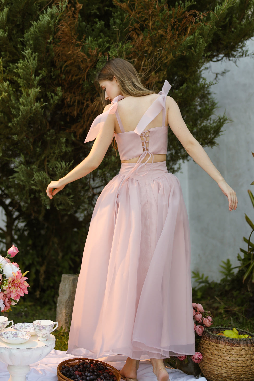 DOMIKA Sleeveless Bow Midi Dress with Drop Waist Shirred Skirt (Old Rose Matte Organdy)