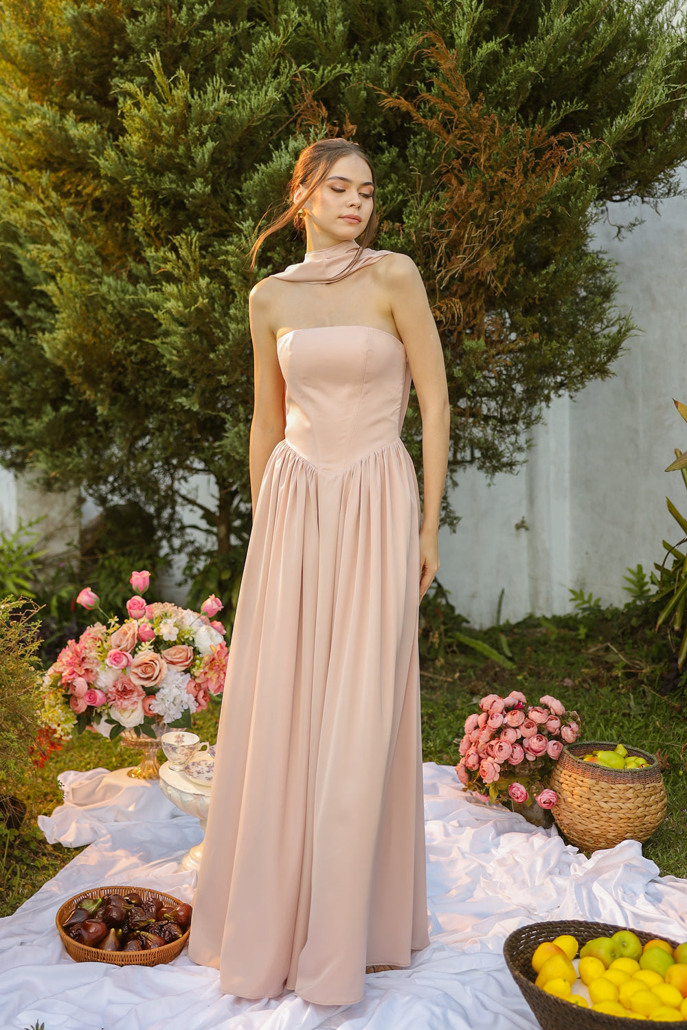 CLEO Strapless Drop Waist Maxi with Covered Button Back Detail and Sash Neckpiece (Soft Pink Korean Silk)