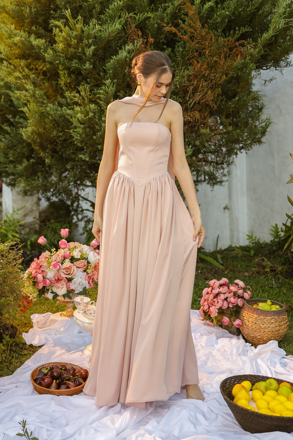 CLEO Strapless Drop Waist Maxi with Covered Button Back Detail and Sash Neckpiece (Soft Pink Korean Silk)