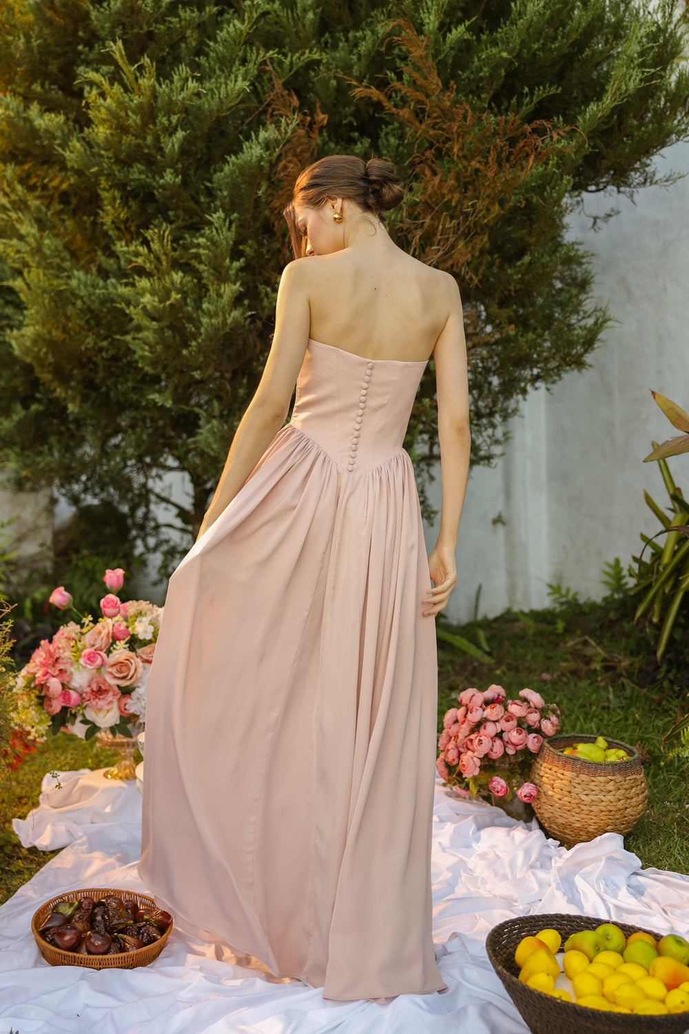 CLEO Strapless Drop Waist Maxi with Covered Button Back Detail and Sash Neckpiece (Soft Pink Korean Silk)