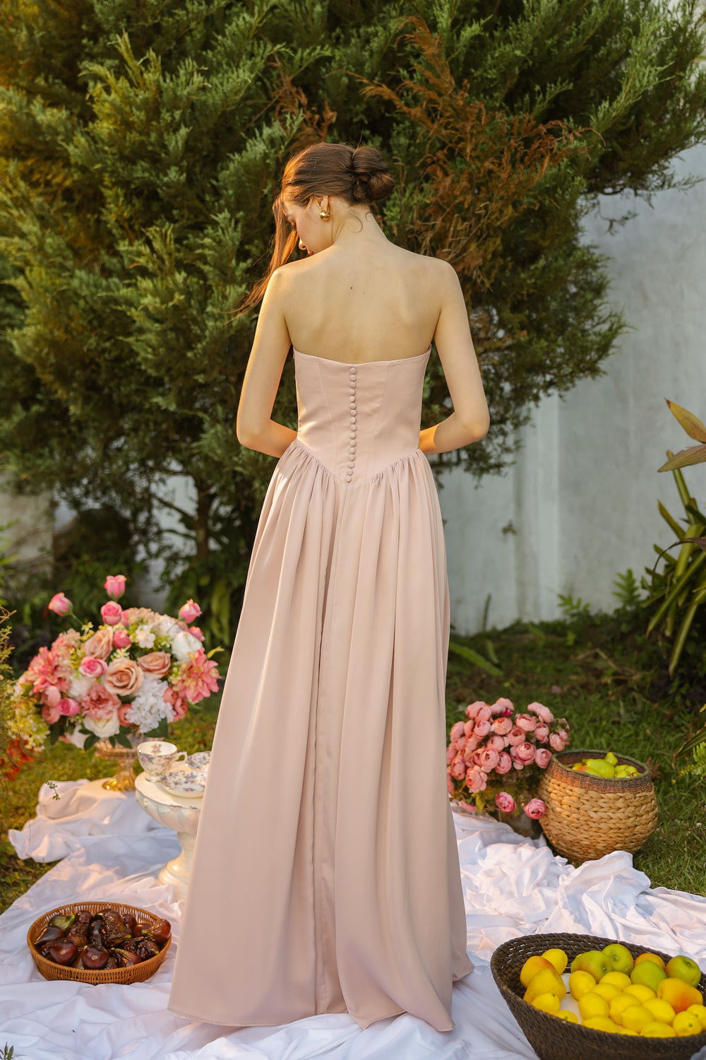 CLEO Strapless Drop Waist Maxi with Covered Button Back Detail and Sash Neckpiece (Soft Pink Korean Silk)