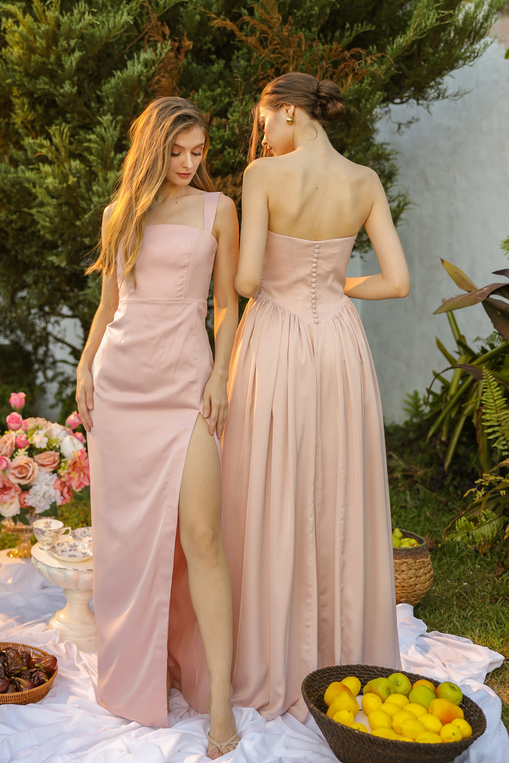 CLEO Strapless Drop Waist Maxi with Covered Button Back Detail and Sash Neckpiece (Soft Pink Korean Silk)