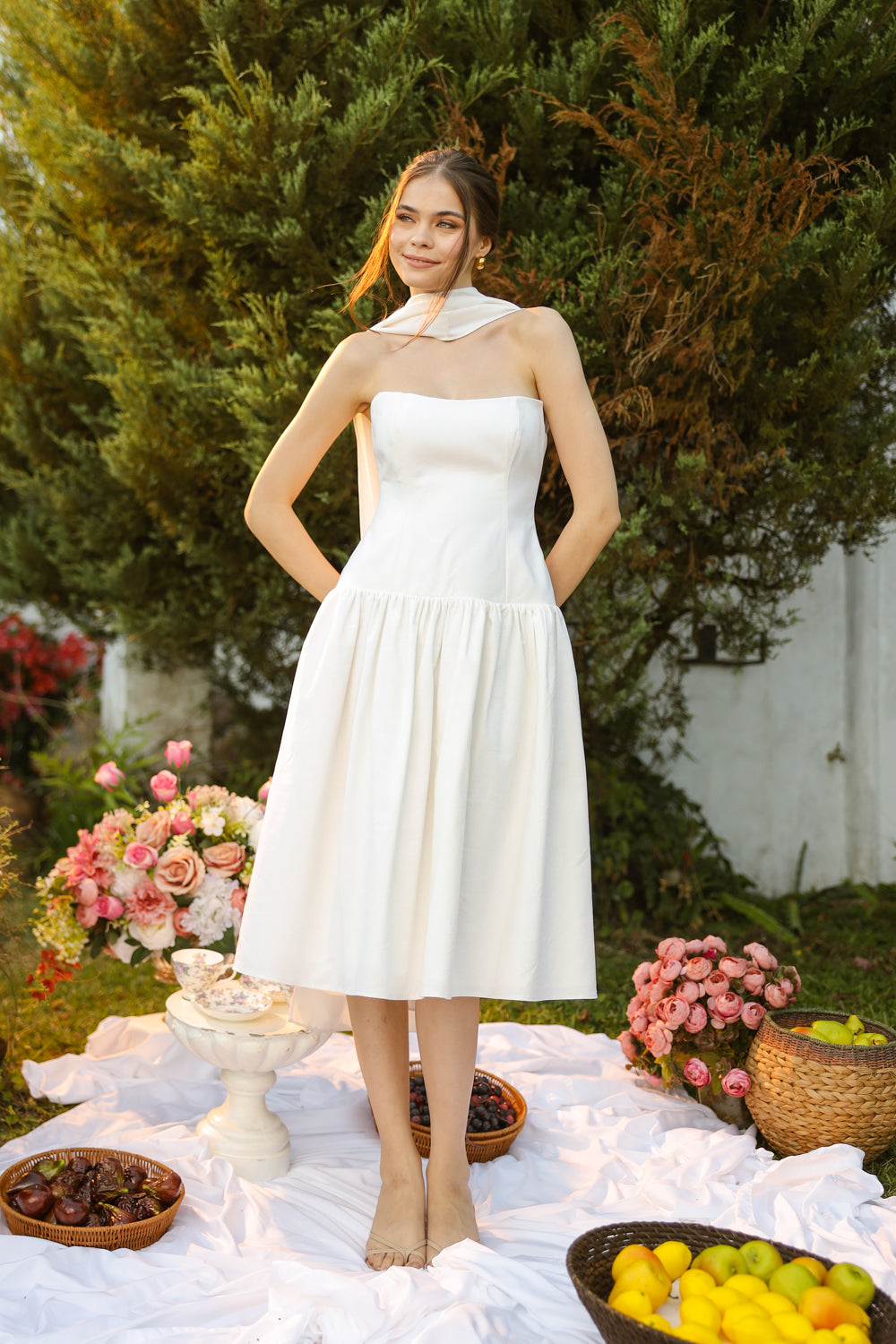 ELODIE Strapless Drop Waist Midi Dress with Sash Neckpiece (White Linen Blend)