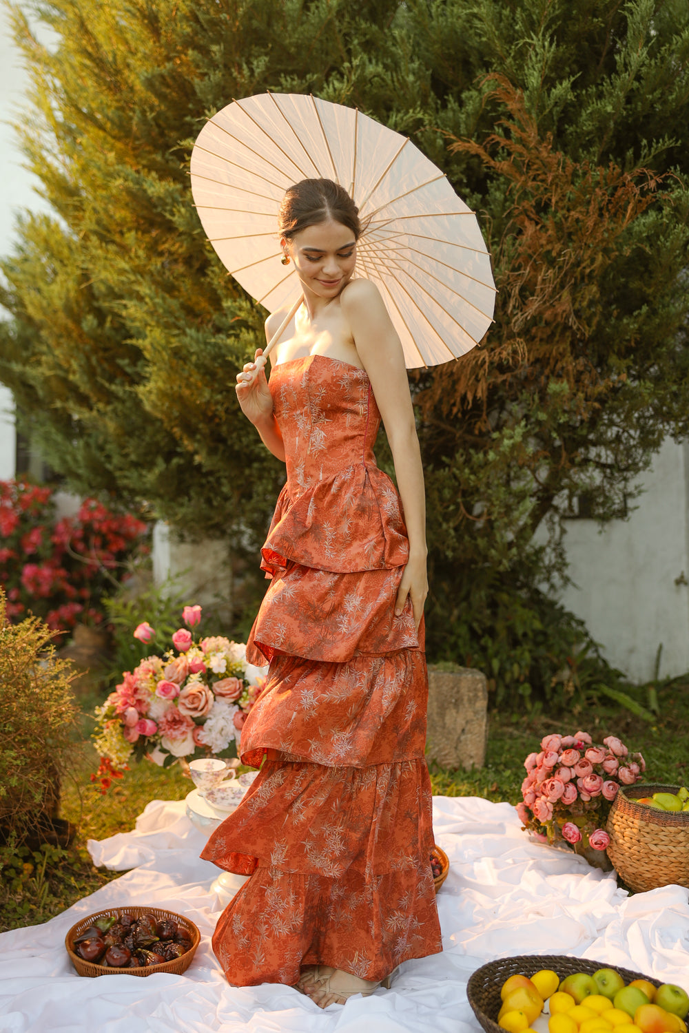 AURORA Strapless Drop Waist Maxi Dress with Layered Skirt (Rust Floral Silk)