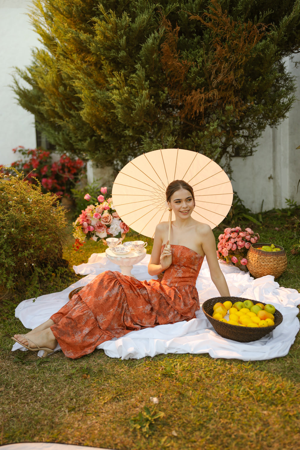 AURORA Strapless Drop Waist Maxi Dress with Layered Skirt (Rust Floral Silk)