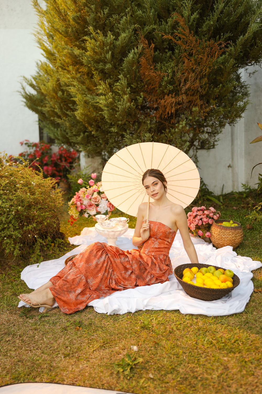 AURORA Strapless Drop Waist Maxi Dress with Layered Skirt (Rust Floral Silk)