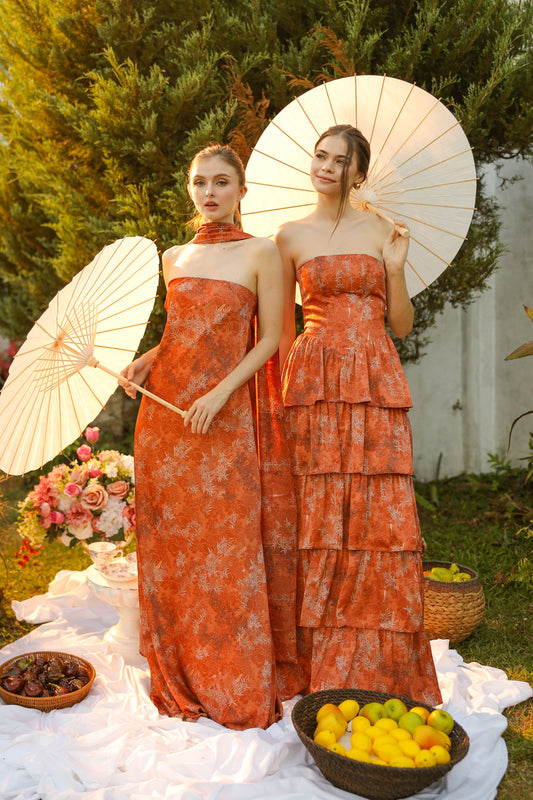 SELENA Strapless Flowy Maxi with Sash Neckpiece (Rust Floral Silk)
