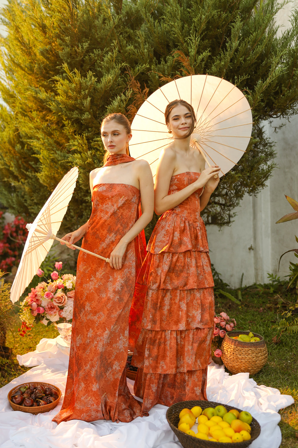 AURORA Strapless Drop Waist Maxi Dress with Layered Skirt (Rust Floral Silk)