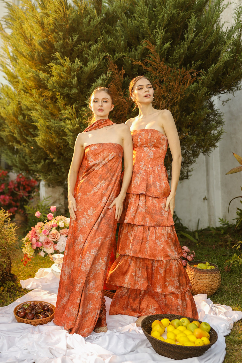 AURORA Strapless Drop Waist Maxi Dress with Layered Skirt (Rust Floral Silk)