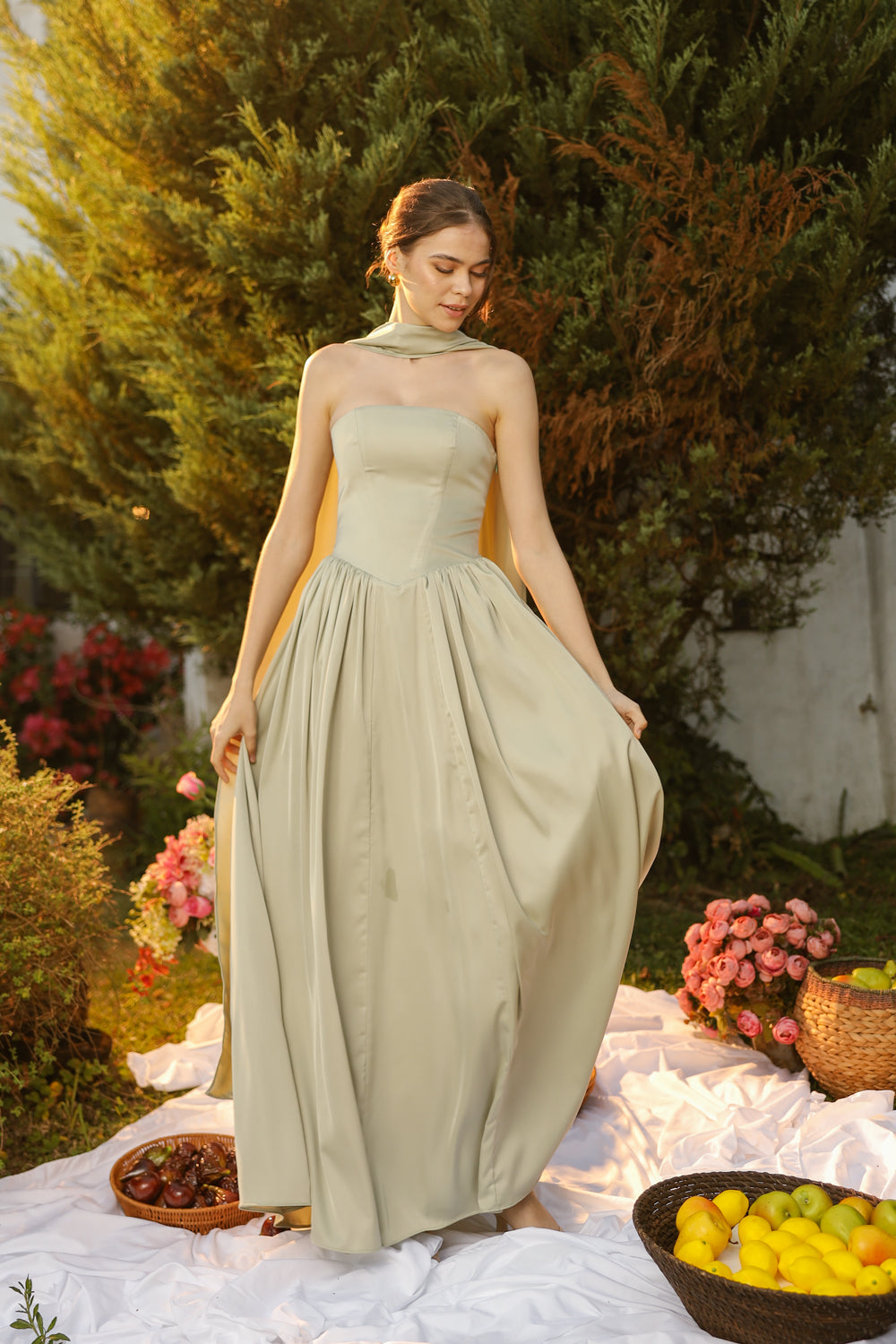 CLEO Strapless Drop Waist Maxi with Covered Button Back Detail and Sash Neckpiece (Sage Green Korean Silk)
