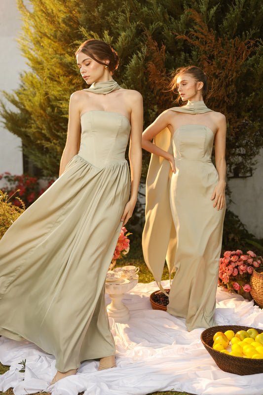 AMARA Curve Neckline Straight Cut Maxi with Sash Neckpiece (Sage Green Korean Silk)