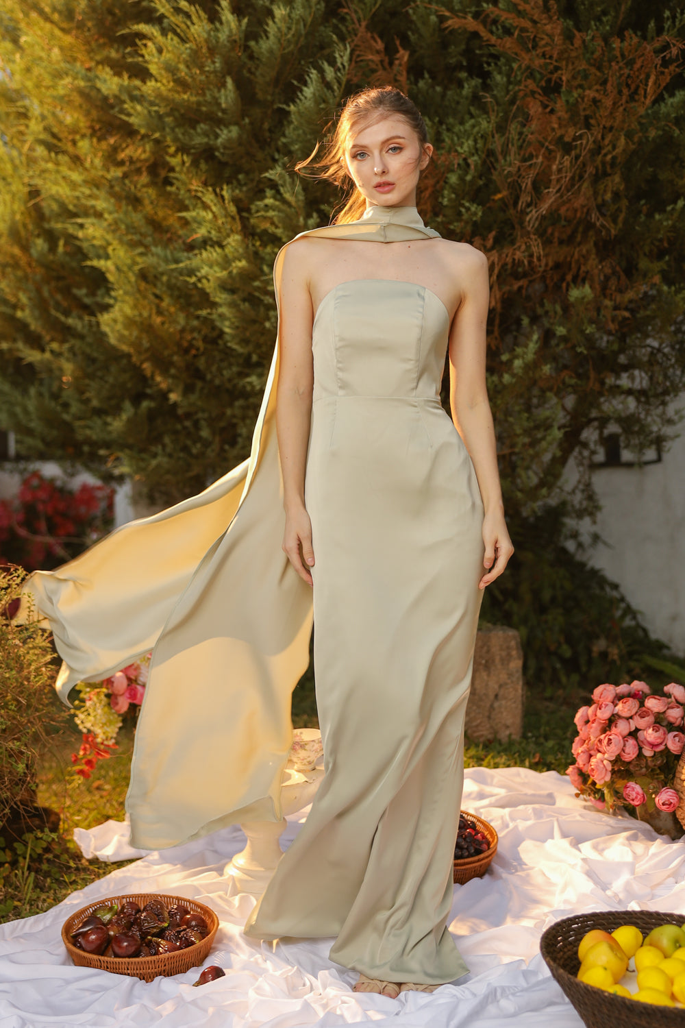 AMARA Curve Neckline Straight Cut Maxi with Sash Neckpiece (Sage Green Korean Silk)