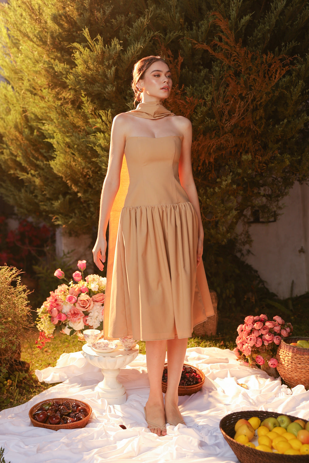 ELODIE Strapless Drop Waist Midi Dress with Sash Neckpiece (Light Brown Linen Blend)