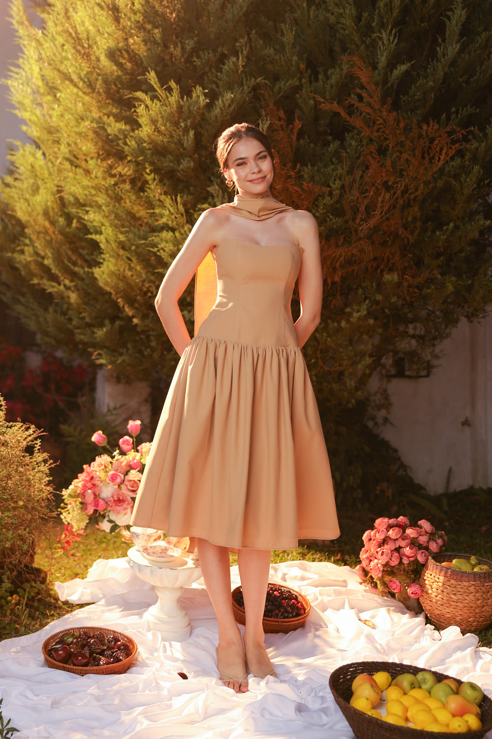 ELODIE Strapless Drop Waist Midi Dress with Sash Neckpiece (Light Brown Linen Blend)