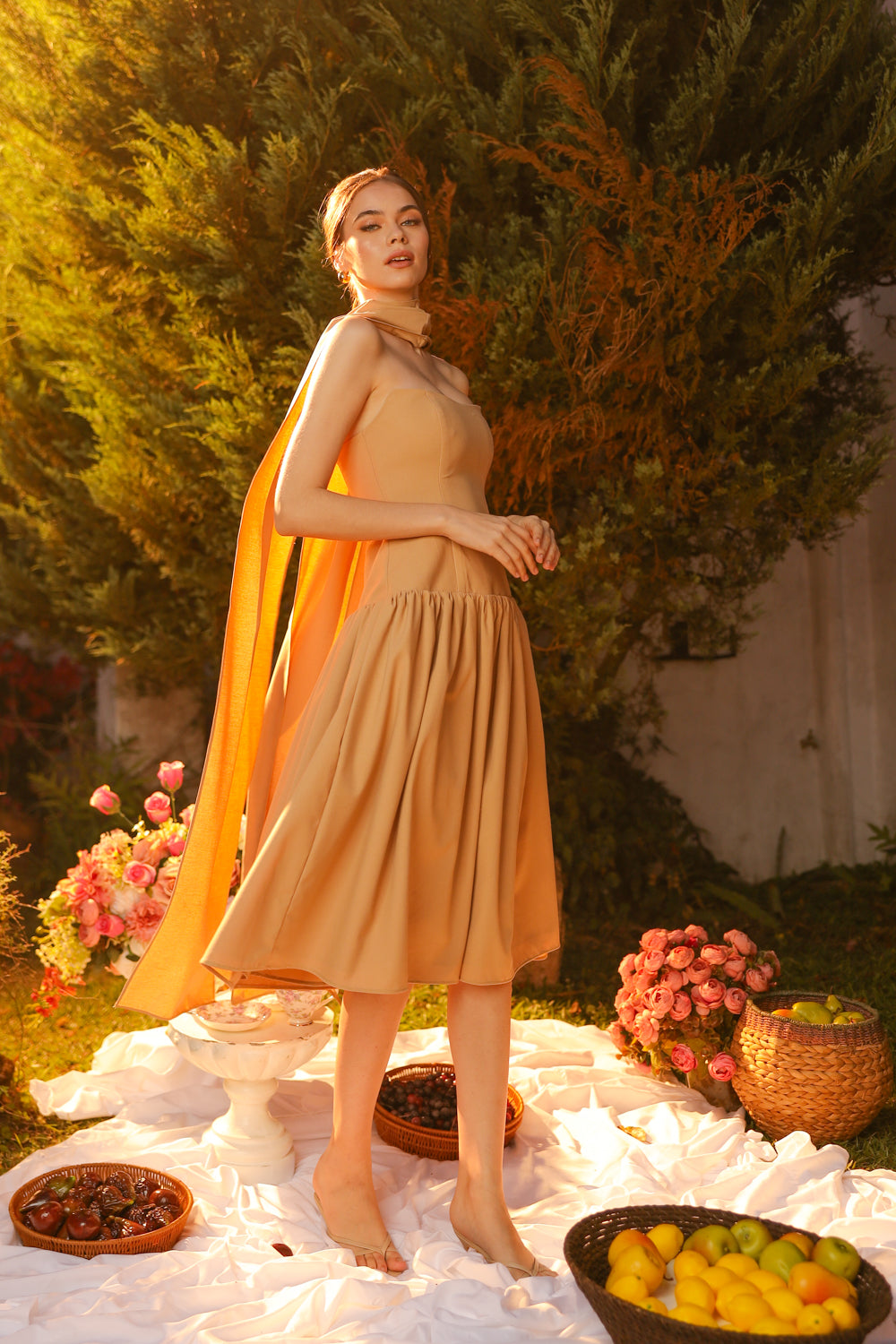 ELODIE Strapless Drop Waist Midi Dress with Sash Neckpiece (Light Brown Linen Blend)