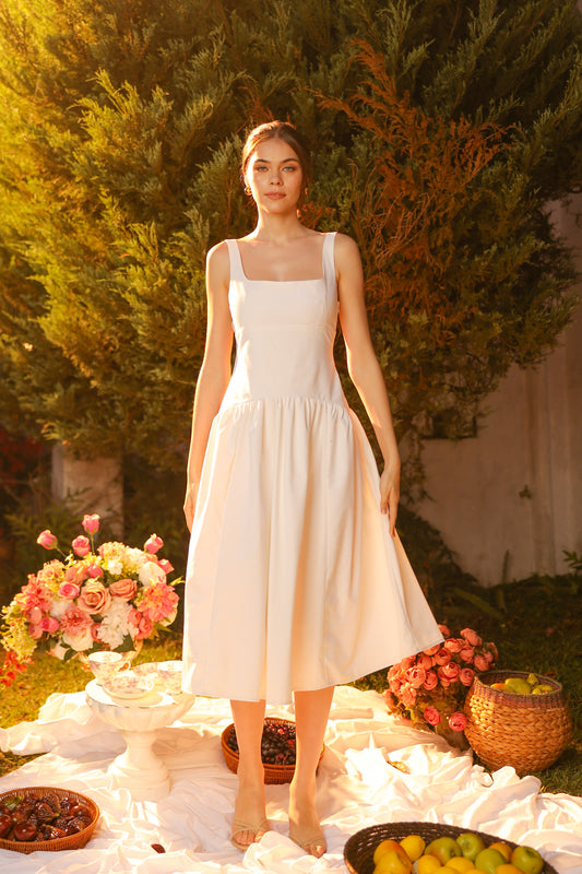 MARINA Sleeveless Scoop Back Midi Dress with Drop Waist Shirred Skirt (White Linen Blend)
