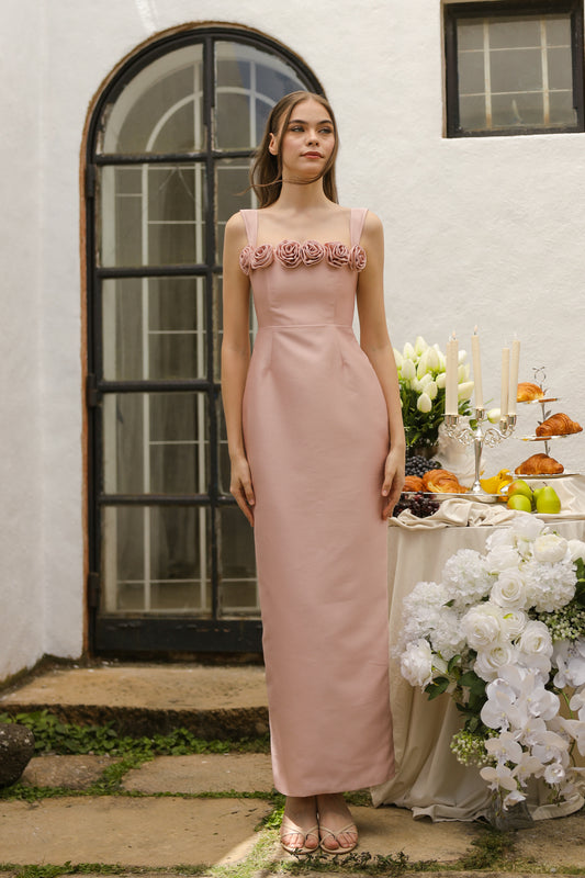 HELENE Strappy Straight Cut Gown with Flowers on Neckline (Blush Gazaar)