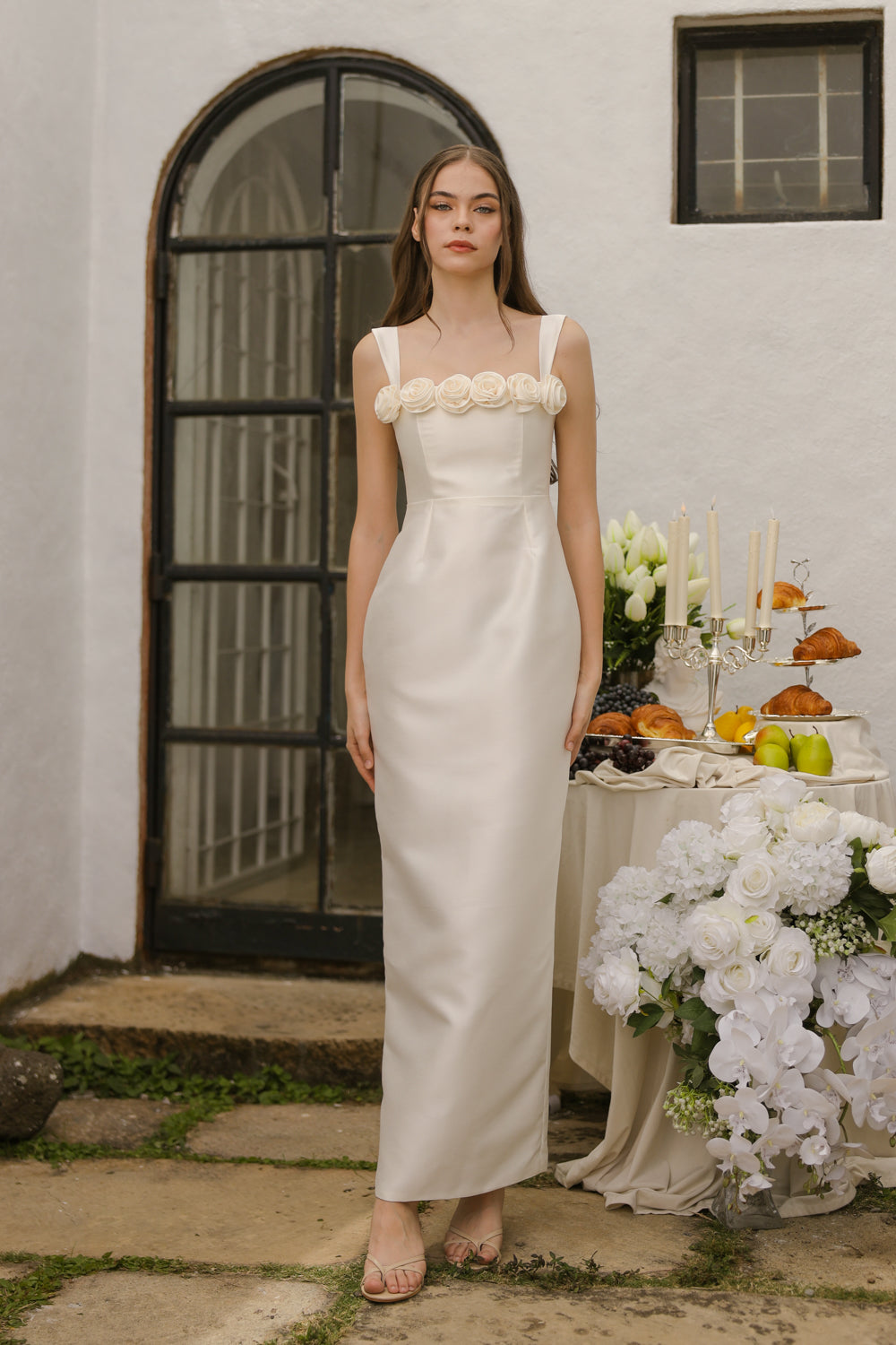 HELENE Strappy Straight Cut Gown with Flowers on Neckline (Ivory White Gazaar)