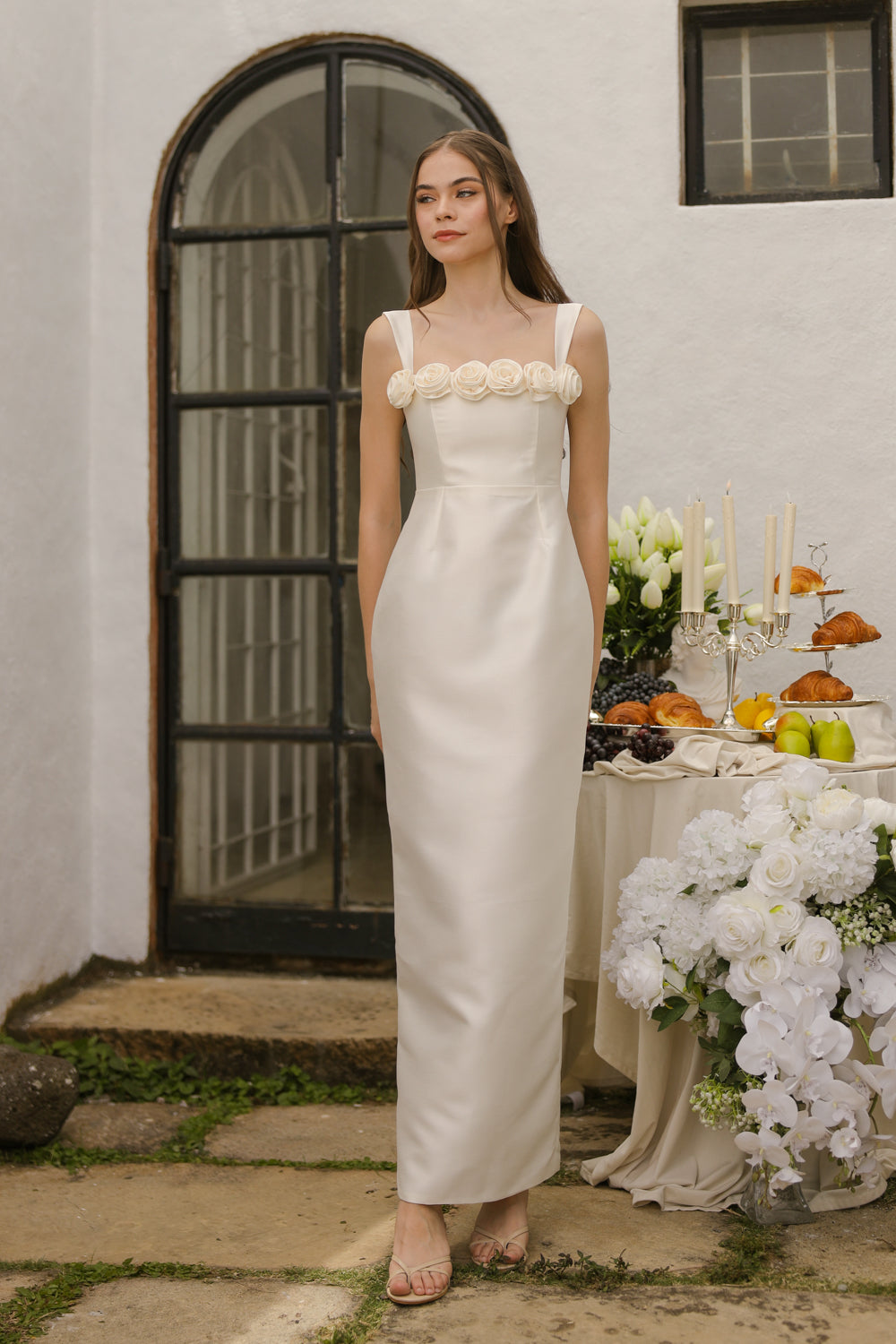 HELENE Strappy Straight Cut Gown with Flowers on Neckline (Ivory White Gazaar)