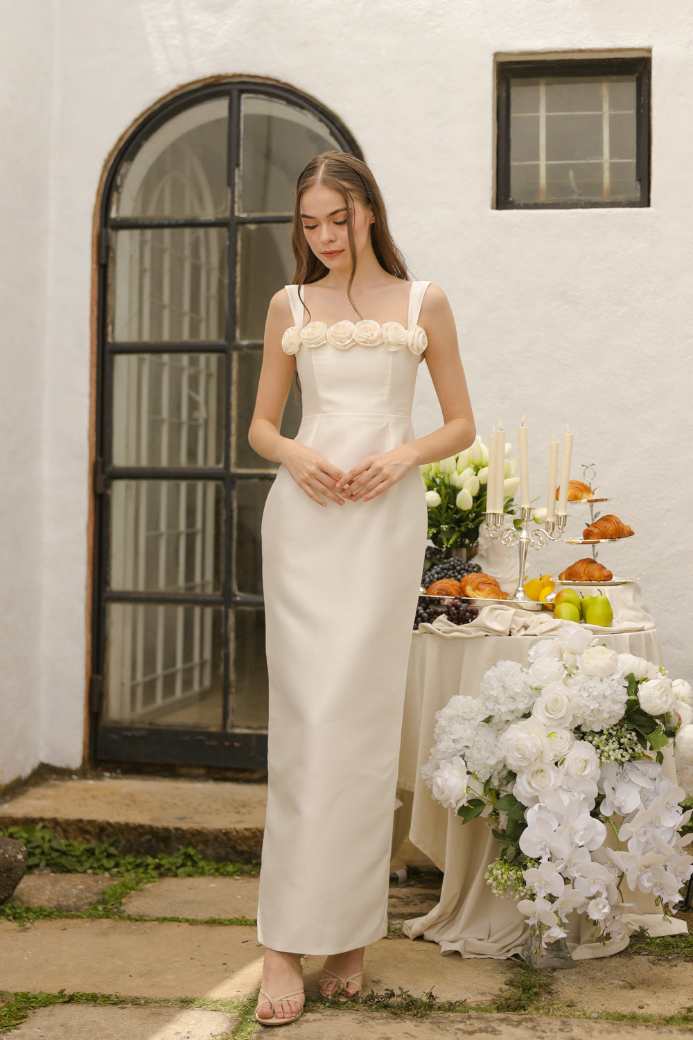 HELENE Strappy Straight Cut Gown with Flowers on Neckline (Ivory White Gazaar)