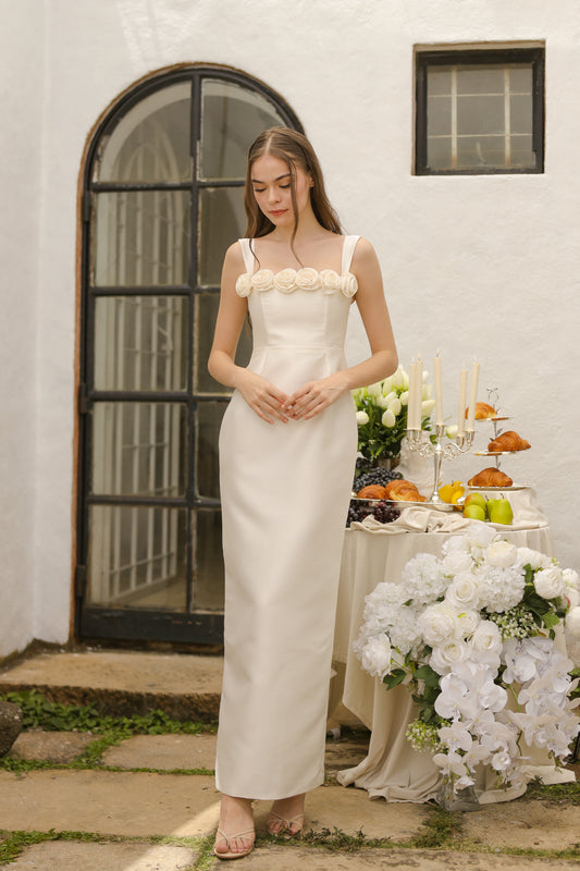 HELENE Strappy Straight Cut Gown with Flowers on Neckline (Ivory White Gazaar)