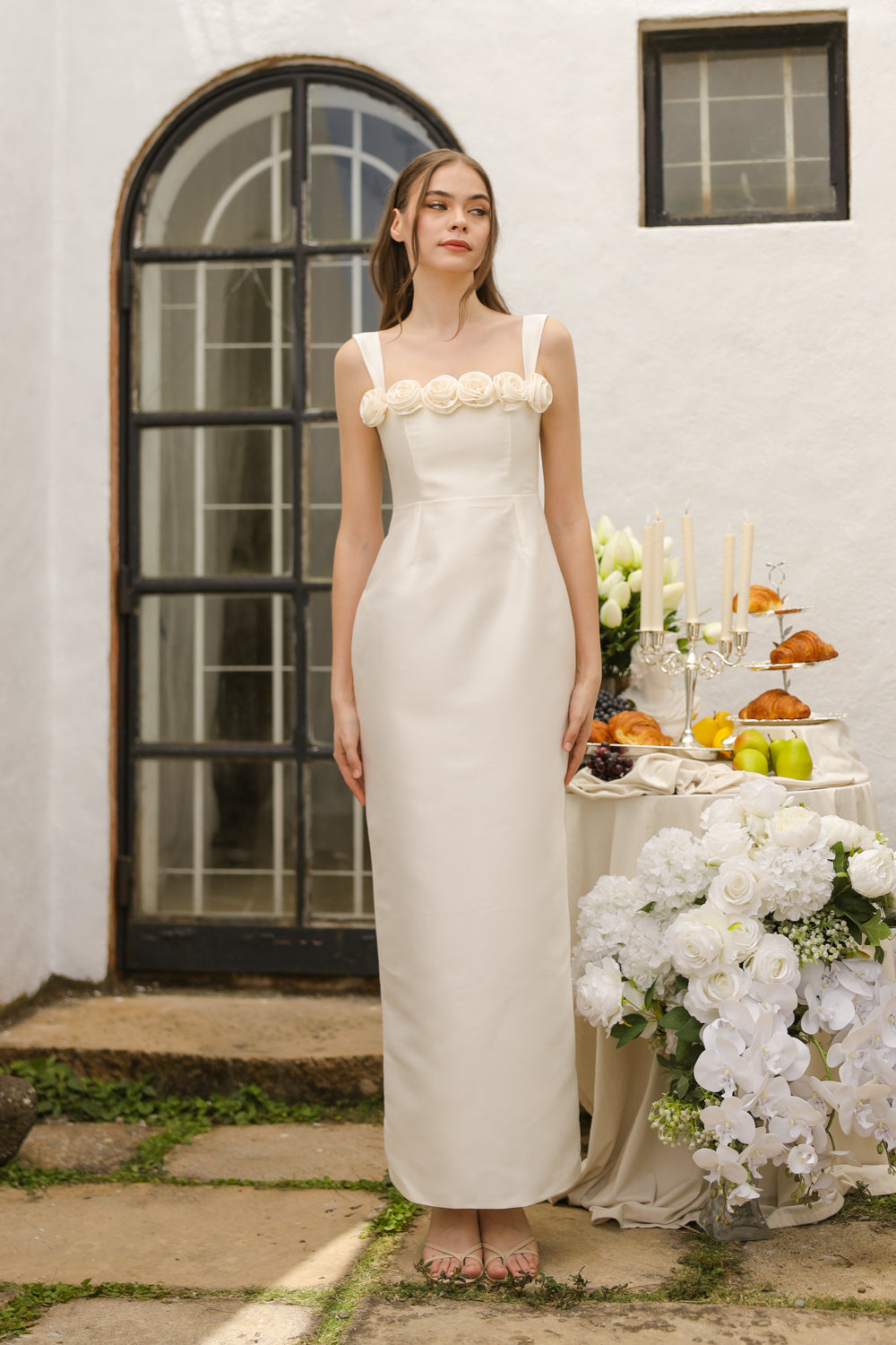 HELENE Strappy Straight Cut Gown with Flowers on Neckline (Ivory White Gazaar)