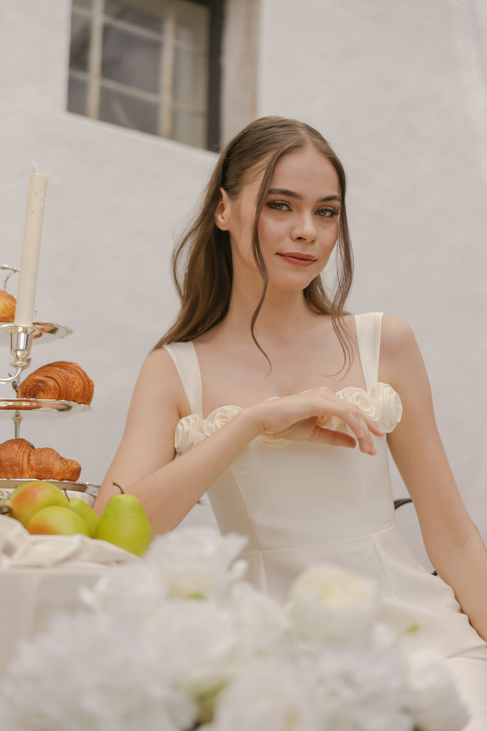 HELENE Strappy Straight Cut Gown with Flowers on Neckline (Ivory White Gazaar)