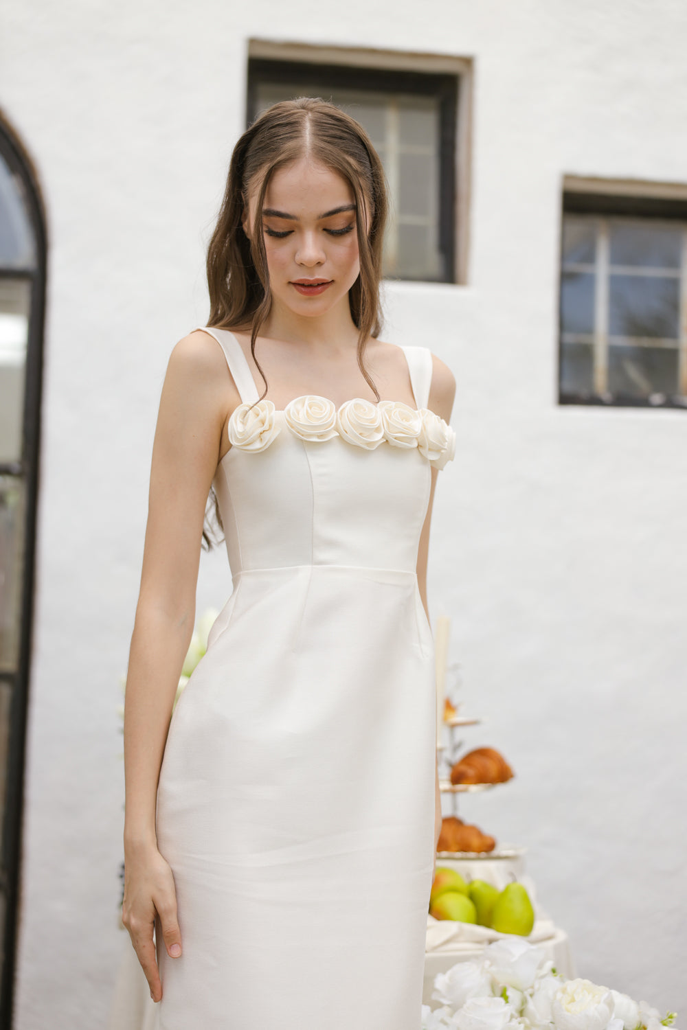 HELENE Strappy Straight Cut Gown with Flowers on Neckline (Ivory White Gazaar)