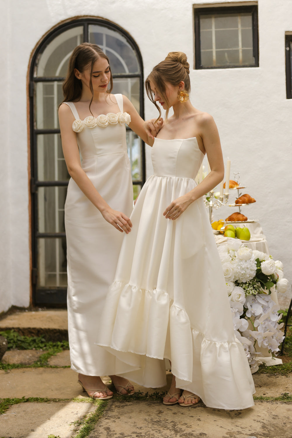 HELENE Strappy Straight Cut Gown with Flowers on Neckline (Ivory White Gazaar)