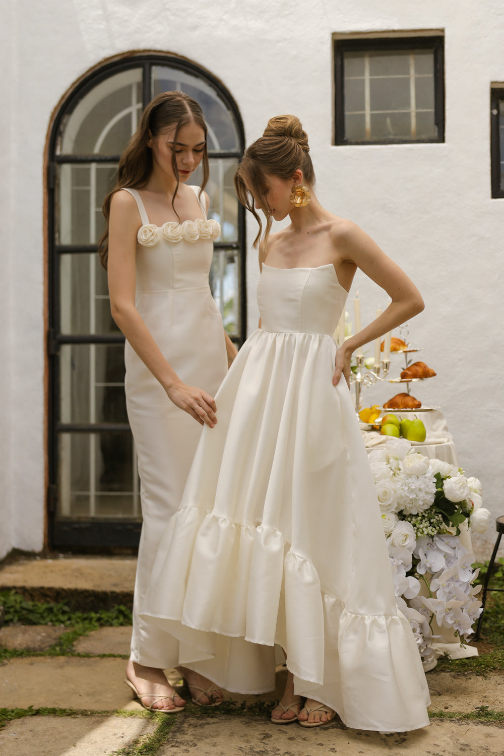 HELENE Strappy Straight Cut Gown with Flowers on Neckline (Ivory White Gazaar)