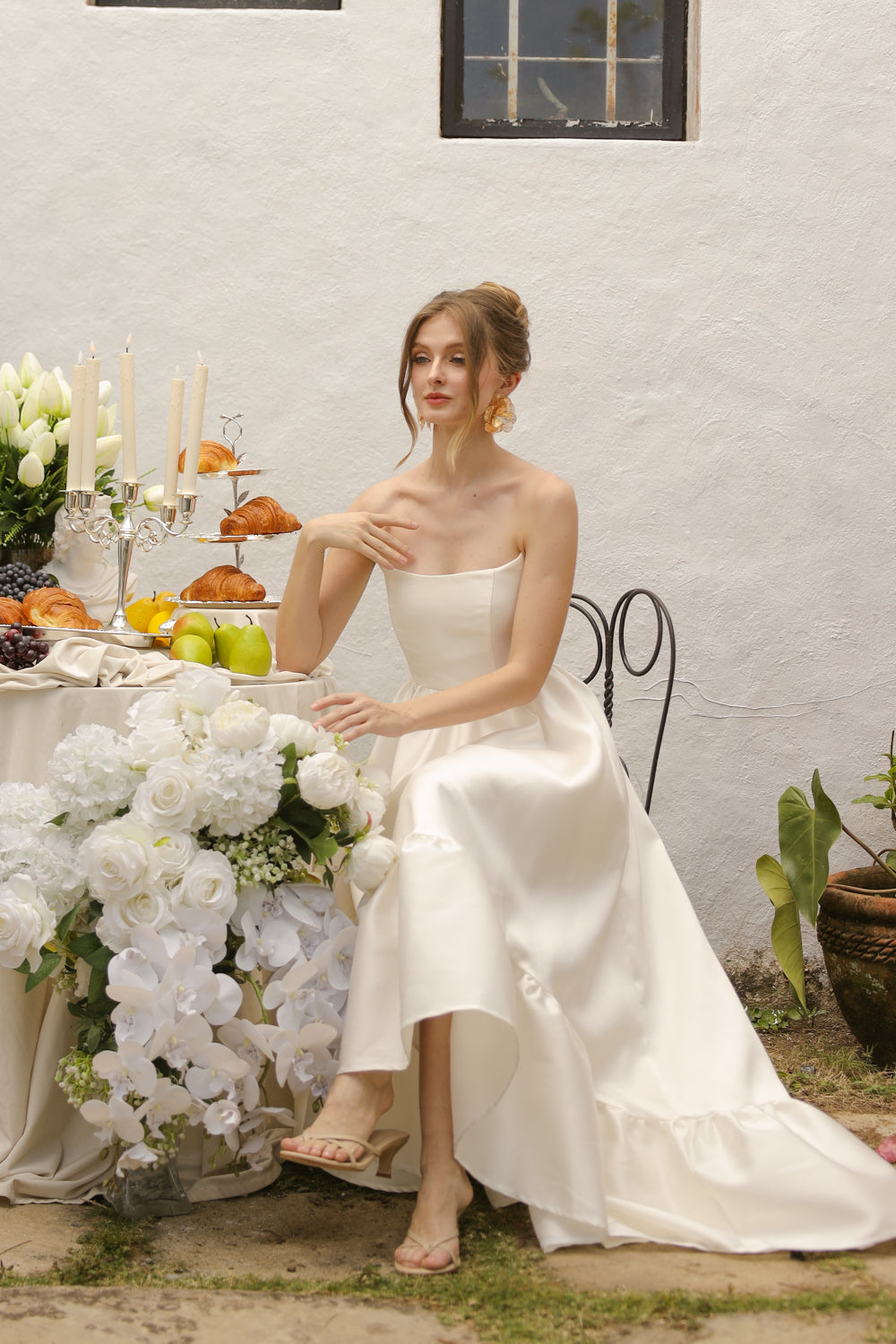 MADELEINE Strapless High Low Gown with Ruffle Hem (Ivory White Gazaar)