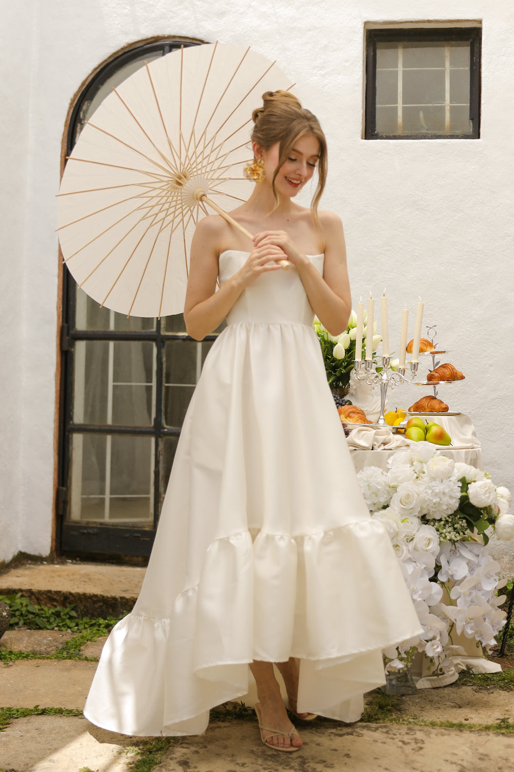 MADELEINE Strapless High Low Gown with Ruffle Hem (Ivory White Gazaar)