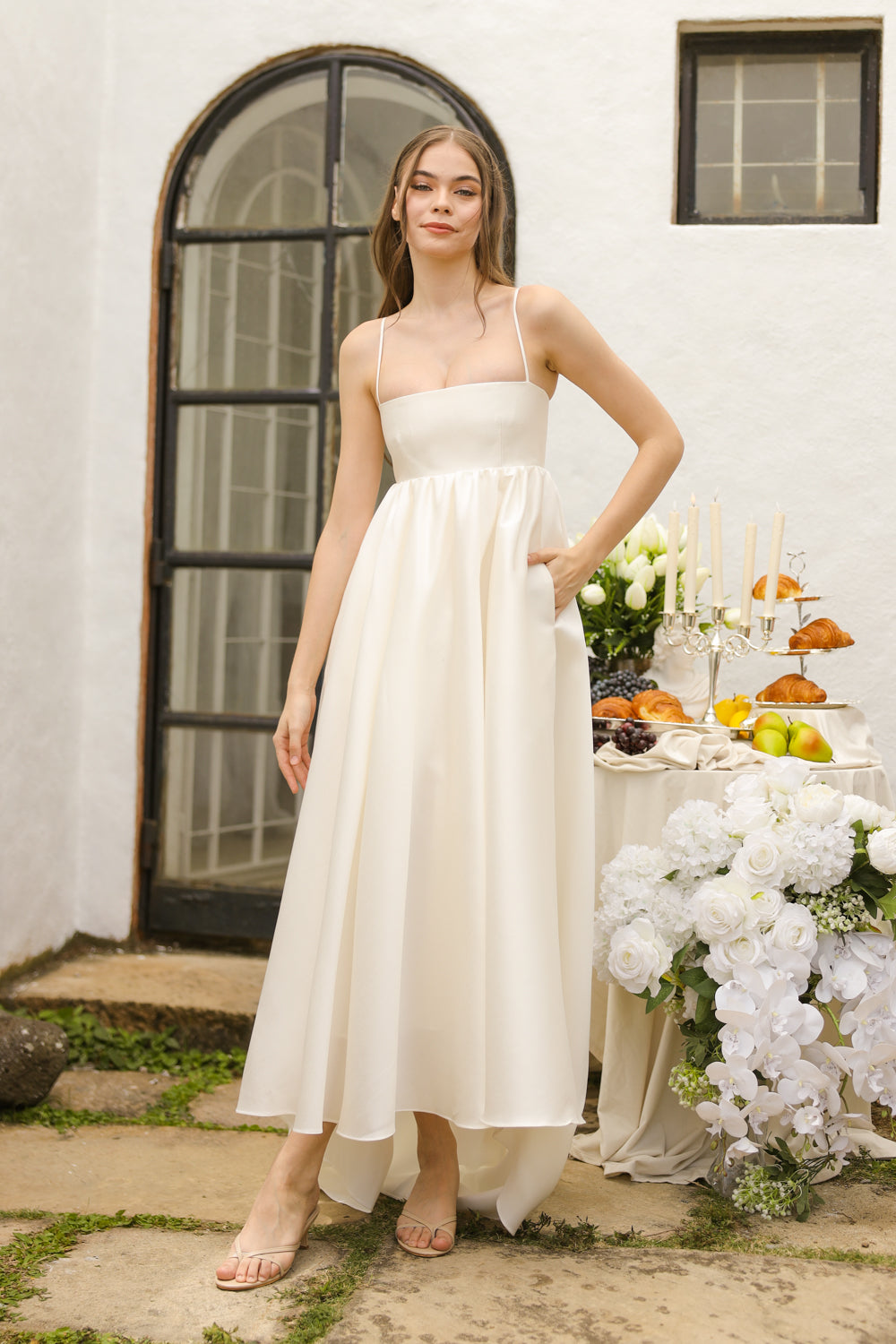 EULALIA Strappy High Low Gown with Covered Button Detail at the Back (Ivory White Gazaar) SAME DAY DELIVERY - SMALL