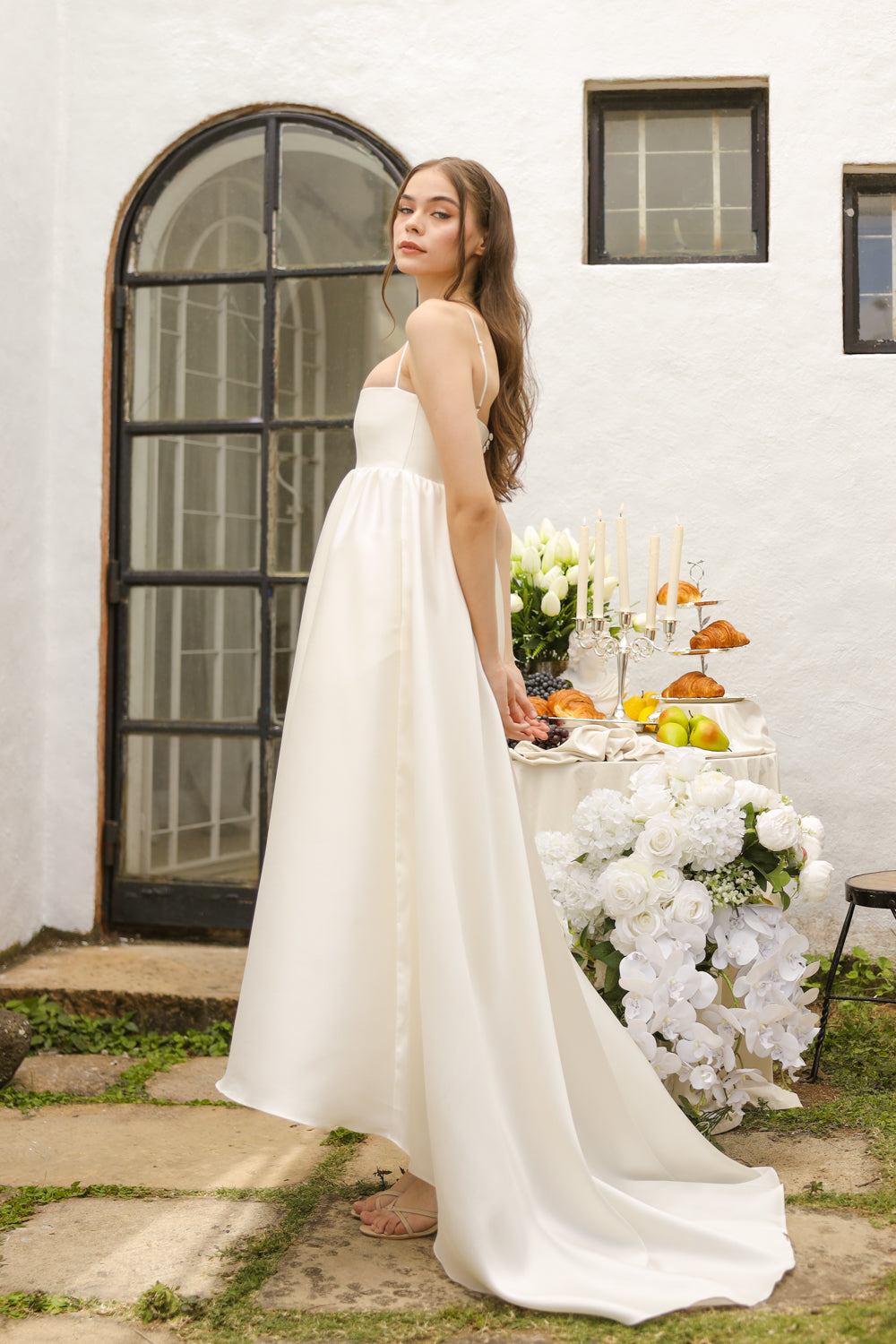EULALIA Strappy High Low Gown with Covered Button Detail at the Back (Ivory White Gazaar) SAME DAY DELIVERY - SMALL