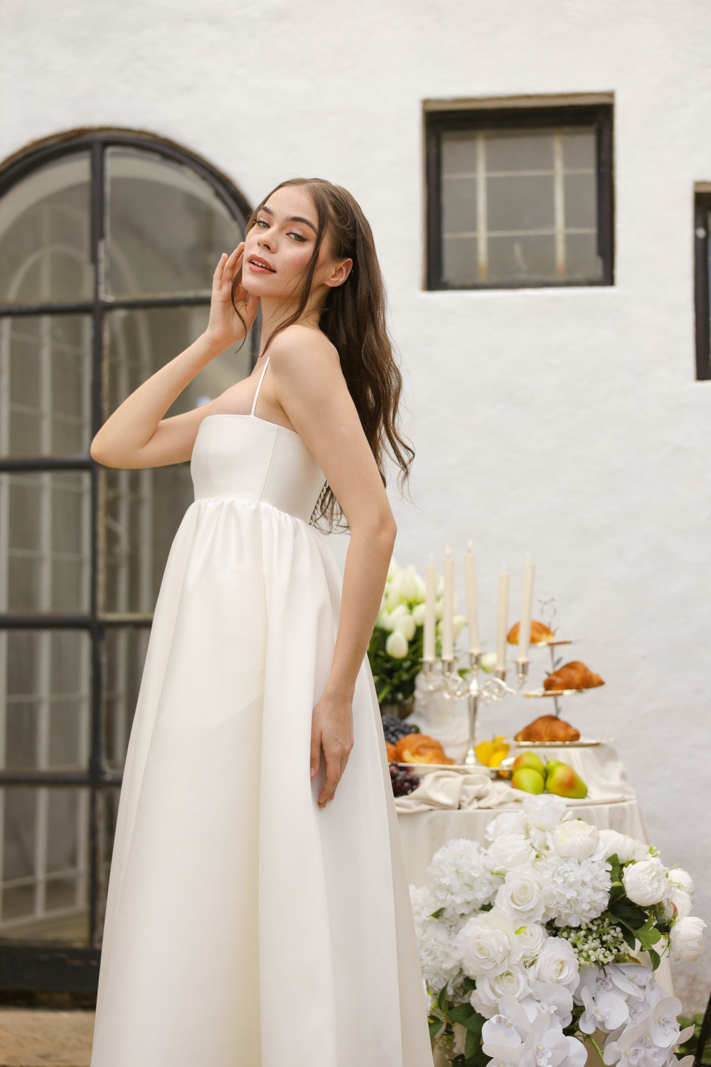 EULALIA Strappy High Low Gown with Covered Button Detail at the Back (Ivory White Gazaar) SAME DAY DELIVERY - SMALL