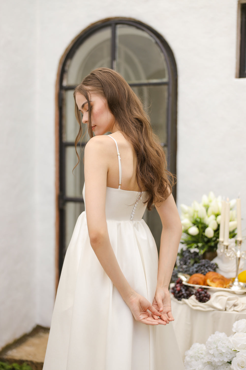 EULALIA Strappy High Low Gown with Covered Button Detail at the Back (Ivory White Gazaar) SAME DAY DELIVERY - SMALL