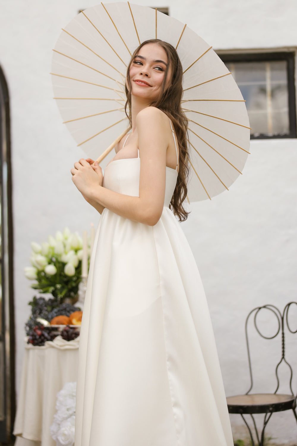 EULALIA Strappy High Low Gown with Covered Button Detail at the Back (Ivory White Gazaar) SAME DAY DELIVERY - SMALL