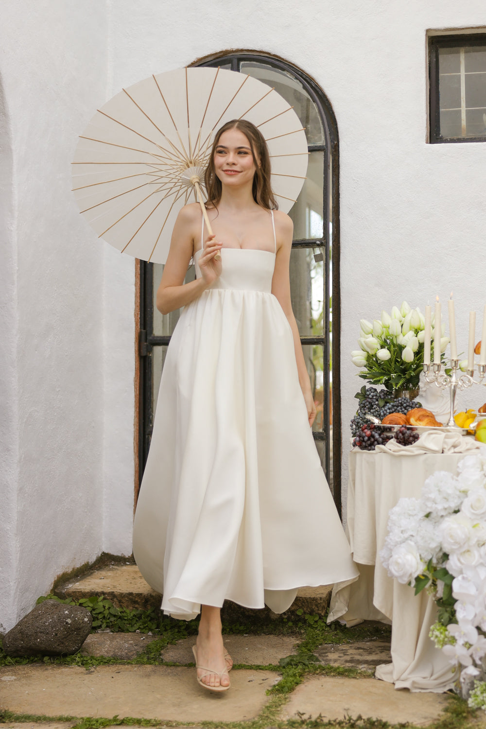 EULALIA Strappy High Low Gown with Covered Button Detail at the Back (Ivory White Gazaar) SAME DAY DELIVERY - SMALL